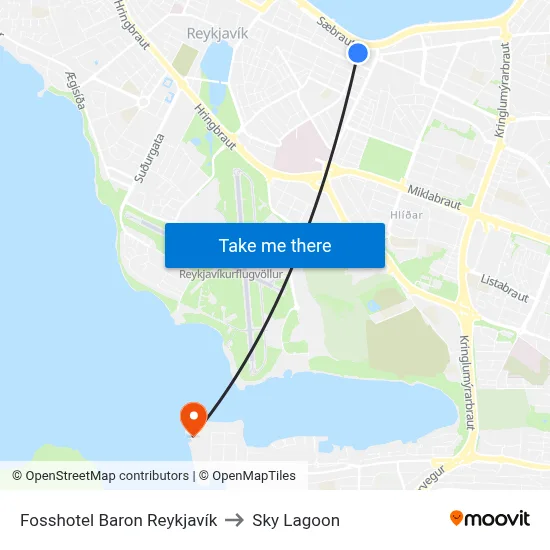 Fosshotel Baron Reykjavík to Sky Lagoon map