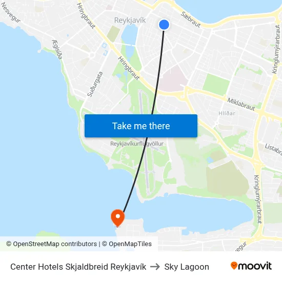 Center Hotels Skjaldbreid Reykjavík to Sky Lagoon map