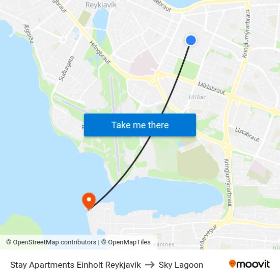 Stay Apartments Einholt Reykjavík to Sky Lagoon map