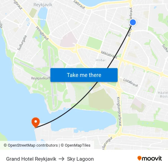 Grand Hotel Reykjavík to Sky Lagoon map