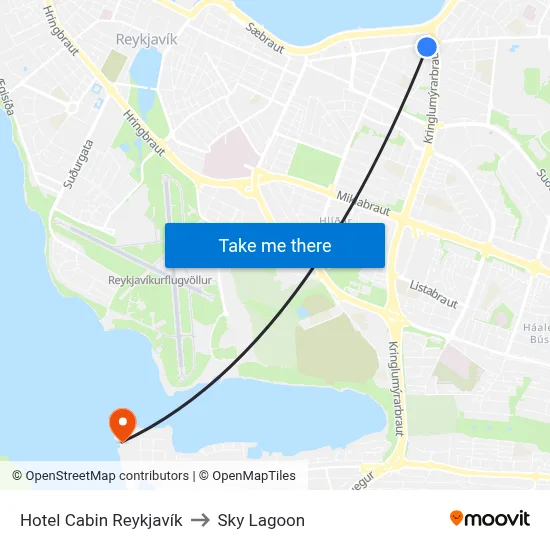 Hotel Cabin Reykjavík to Sky Lagoon map