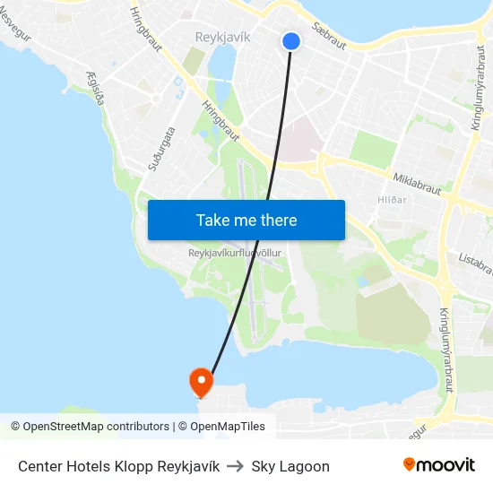 Center Hotels Klopp Reykjavík to Sky Lagoon map