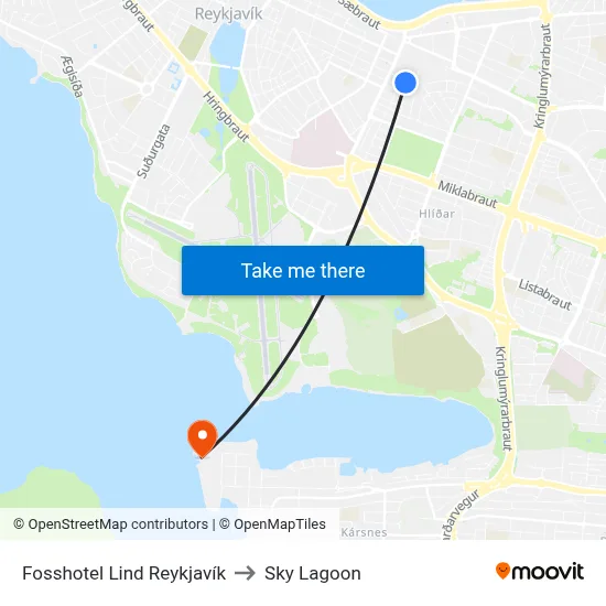 Fosshotel Lind Reykjavík to Sky Lagoon map