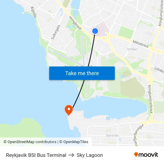 Reykjavik BSI Bus Terminal to Sky Lagoon map