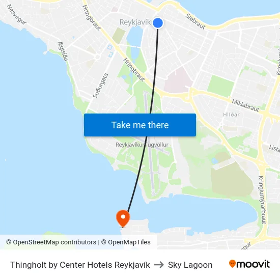 Thingholt by Center Hotels Reykjavík to Sky Lagoon map