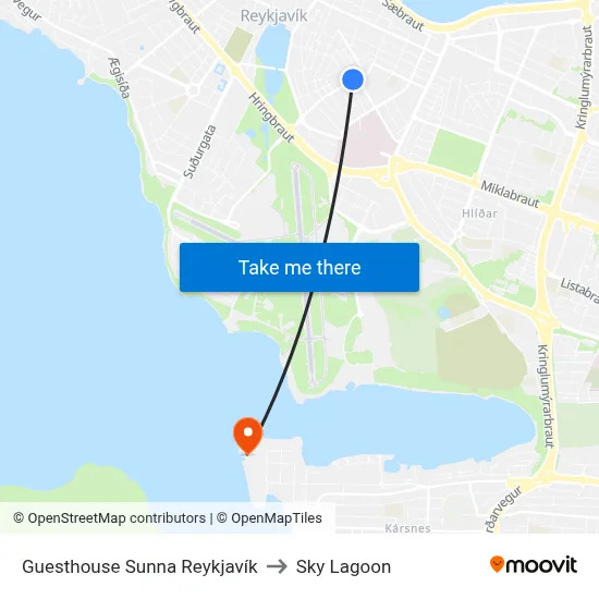 Guesthouse Sunna Reykjavík to Sky Lagoon map