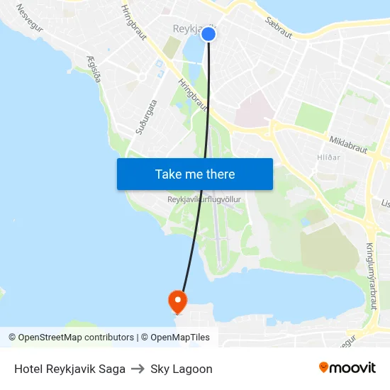 Hotel Reykjavik Saga to Sky Lagoon map