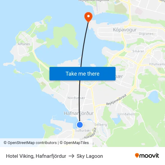 Hotel Viking, Hafnarfjördur to Sky Lagoon map