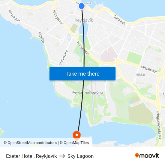 Exeter Hotel, Reykjavík to Sky Lagoon map