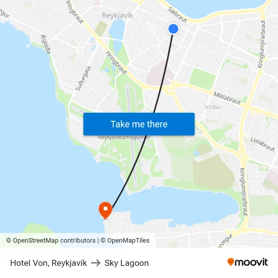 Hotel Von, Reykjavík to Sky Lagoon map