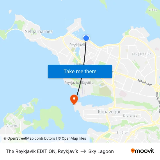 The Reykjavik EDITION, Reykjavík to Sky Lagoon map