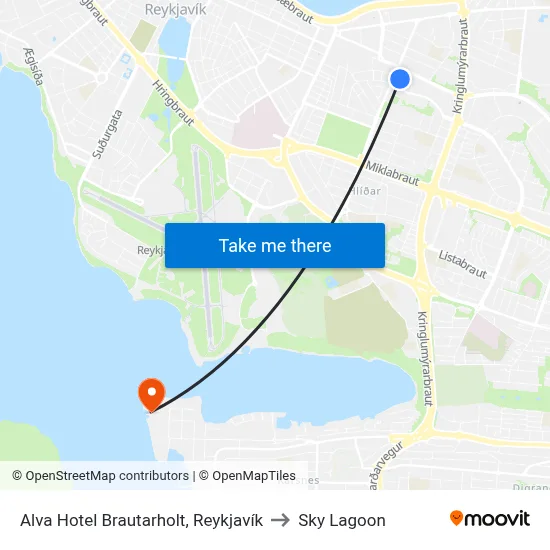Alva Hotel Brautarholt, Reykjavík to Sky Lagoon map