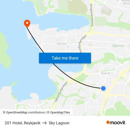 201 Hotel, Reykjavík to Sky Lagoon map