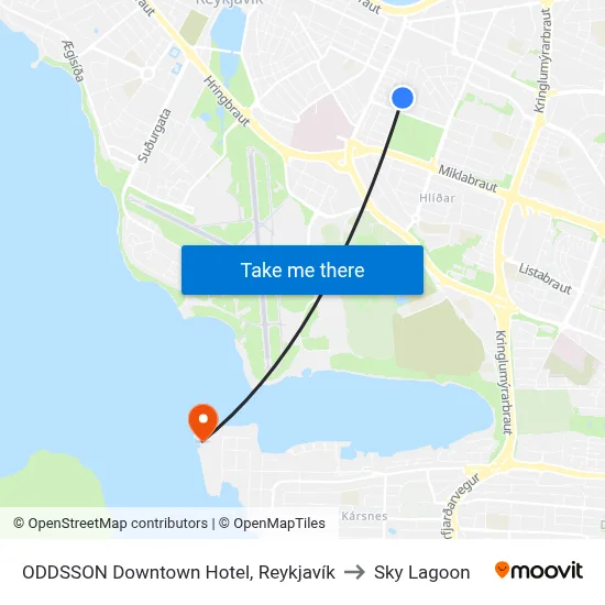 ODDSSON Downtown Hotel, Reykjavík to Sky Lagoon map