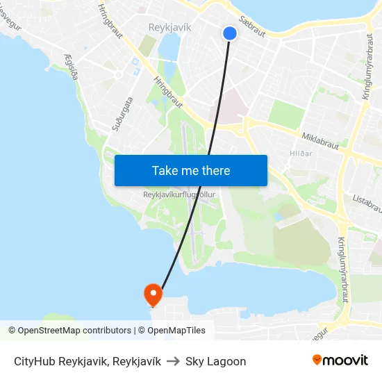 CityHub Reykjavik, Reykjavík to Sky Lagoon map