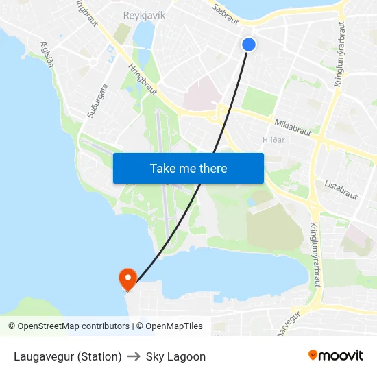 Laugavegur (Station) to Sky Lagoon map