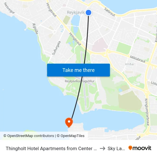 Thingholt Hotel Apartments from Center Hotels, Reykjavík to Sky Lagoon map