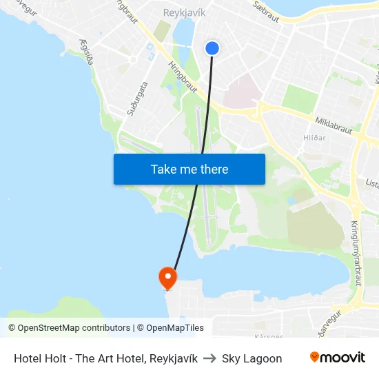 Hotel Holt - The Art Hotel, Reykjavík to Sky Lagoon map