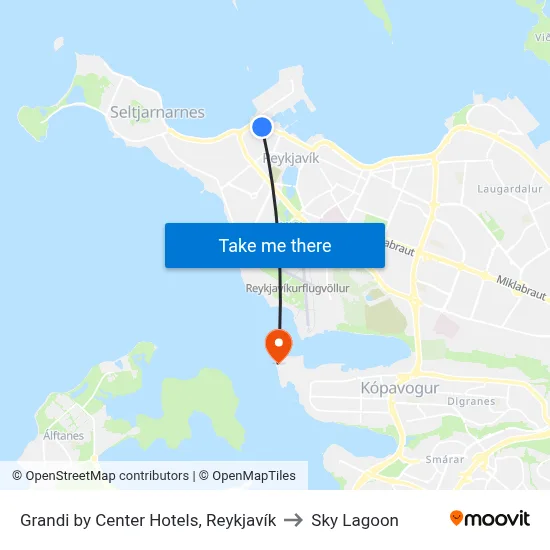 Grandi by Center Hotels, Reykjavík to Sky Lagoon map