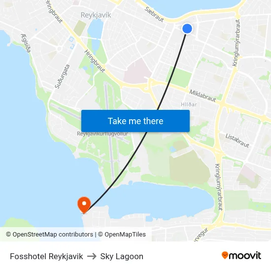 Fosshotel Reykjavik to Sky Lagoon map