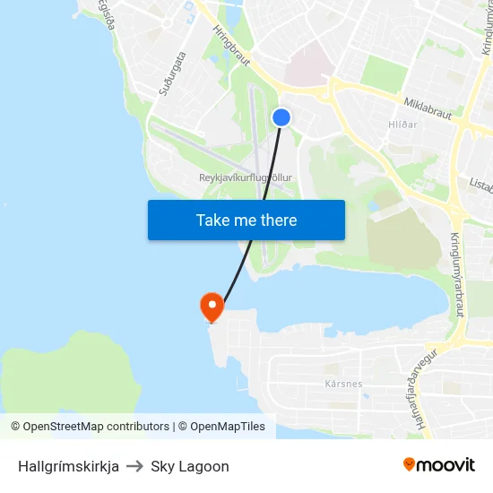 Hallgrímskirkja to Sky Lagoon map