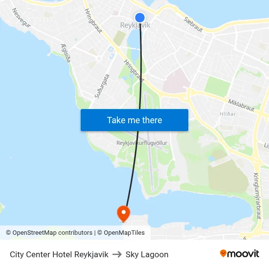City Center Hotel Reykjavik to Sky Lagoon map