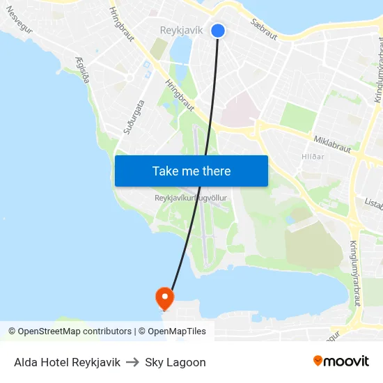 Alda Hotel Reykjavik to Sky Lagoon map