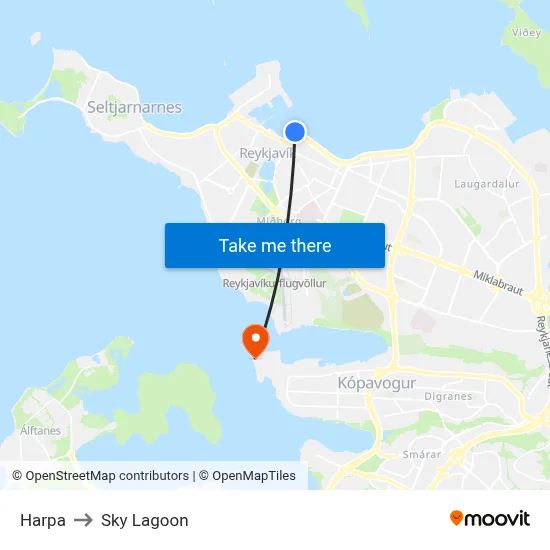 Harpa to Sky Lagoon map