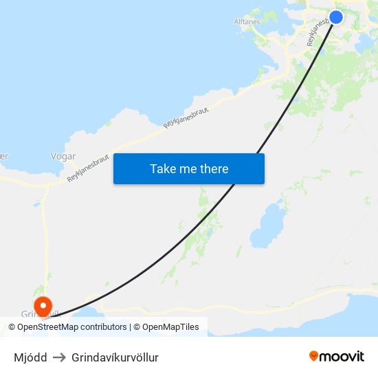 Mjódd to Grindavíkurvöllur map
