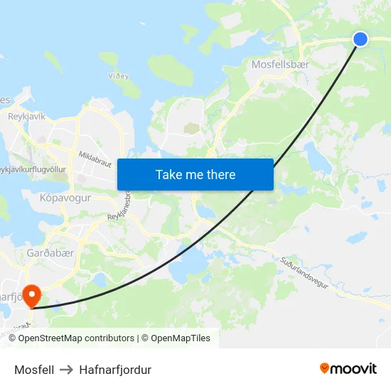 Mosfell to Hafnarfjordur map