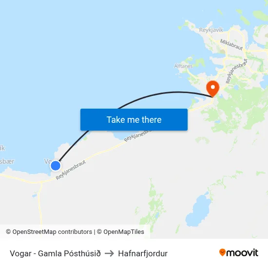 Vogar - Gamla Pósthúsið to Hafnarfjordur map