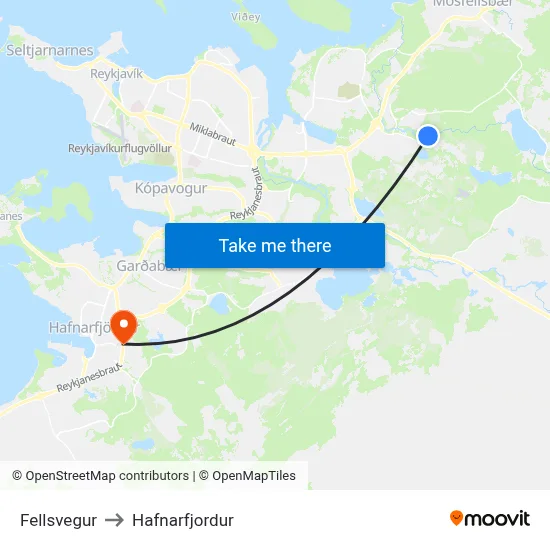 Fellsvegur to Hafnarfjordur map