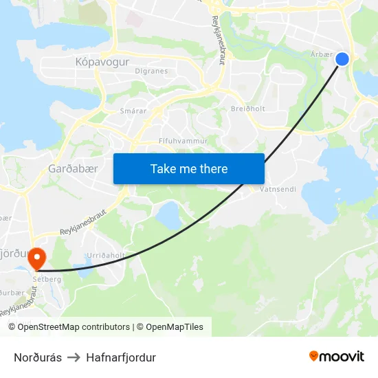 Norðurás to Hafnarfjordur map