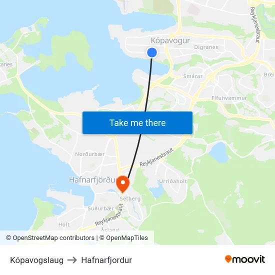 Kópavogslaug to Hafnarfjordur map