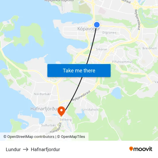 Lundur to Hafnarfjordur map