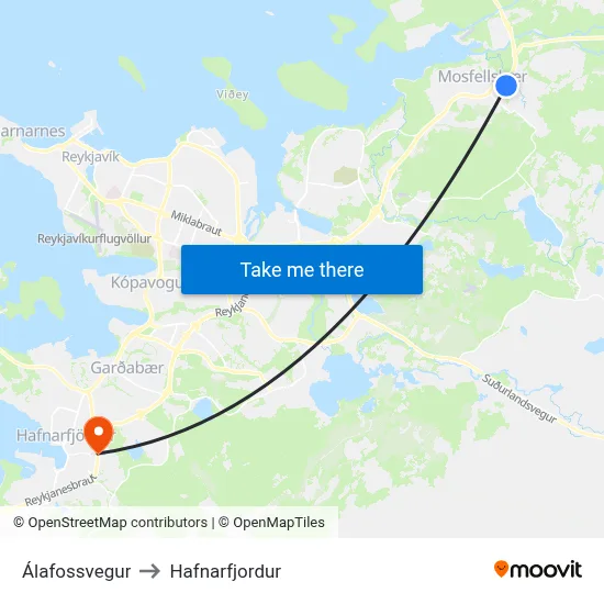 Álafossvegur to Hafnarfjordur map