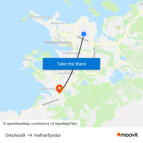 Orkuhúsið to Hafnarfjordur map