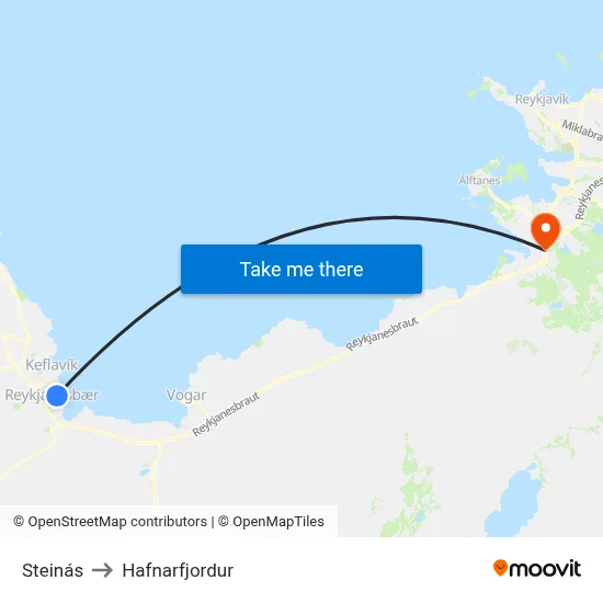 Steinás to Hafnarfjordur map