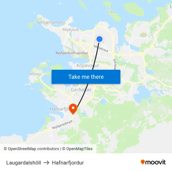 Laugardalshöll to Hafnarfjordur map