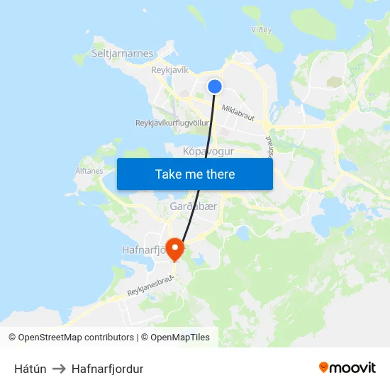 Hátún to Hafnarfjordur map