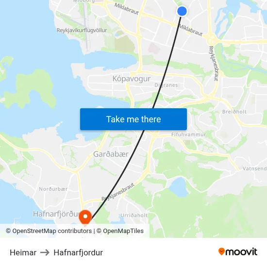 Heimar to Hafnarfjordur map