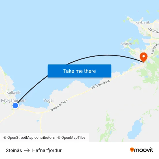 Steinás to Hafnarfjordur map