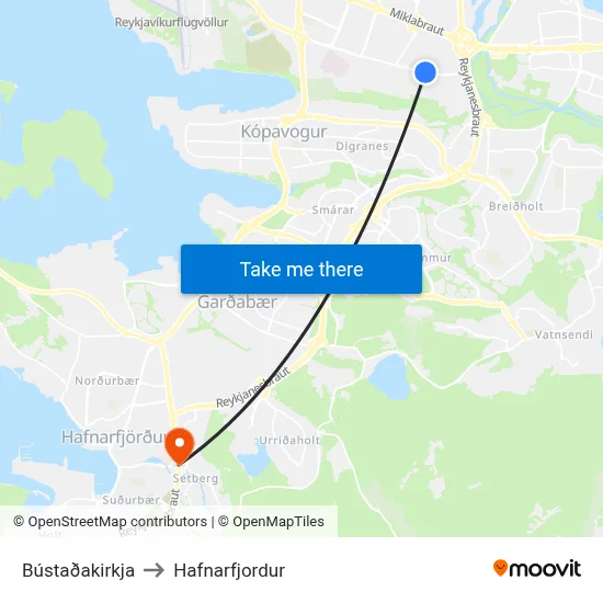 Bústaðakirkja to Hafnarfjordur map