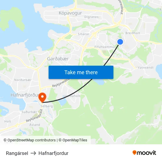 Rangársel to Hafnarfjordur map