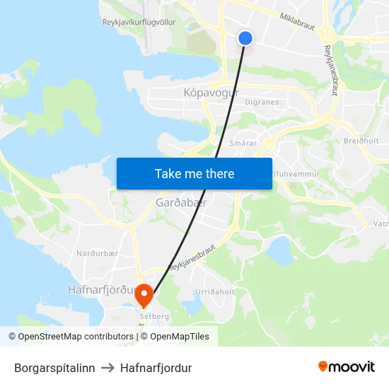 Borgarspítalinn to Hafnarfjordur map