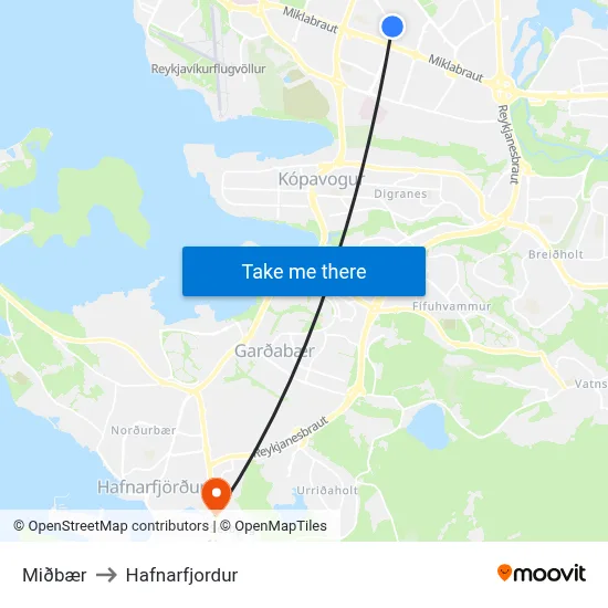Miðbær to Hafnarfjordur map