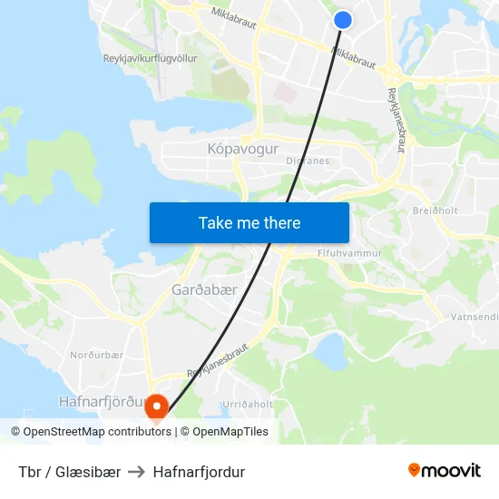 Tbr / Glæsibær to Hafnarfjordur map