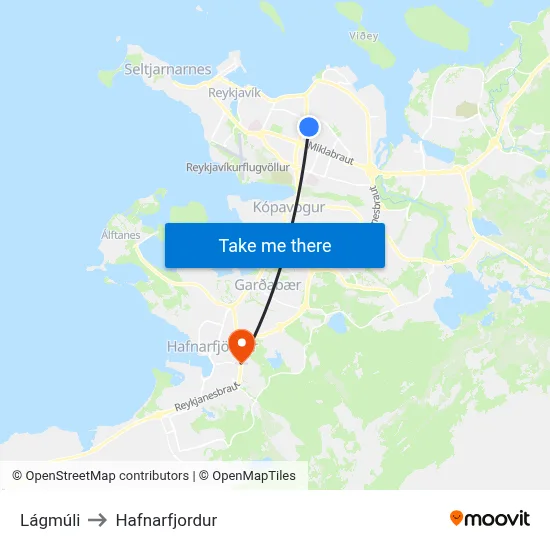 Lágmúli to Hafnarfjordur map