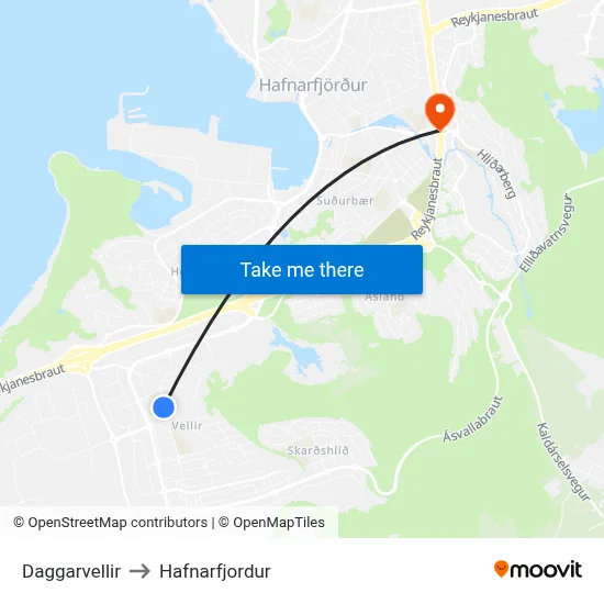 Daggarvellir to Hafnarfjordur map