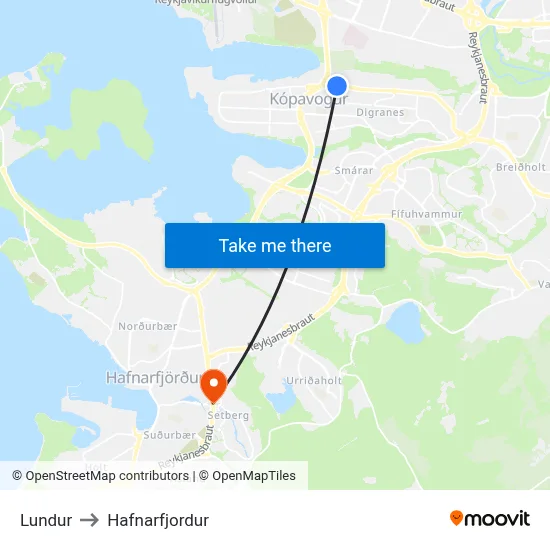 Lundur to Hafnarfjordur map